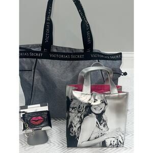 Victoria’s Secret Gym Bag + Silver Mini Tote & Sequin Lips Card Holder Set 3x1